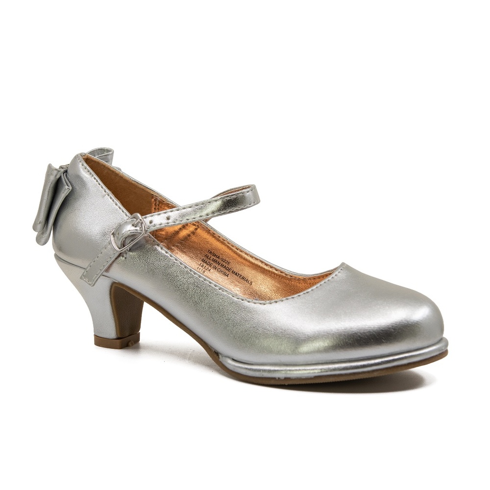 NEW Girls Patent Back Bow Tie Mary Jane Kiddie Heel - Silver